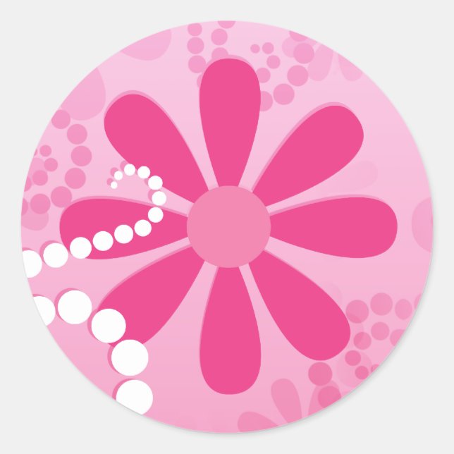 Cute Abstract Girly Pink Retro Flowers Classic Round Sticker (Front)
