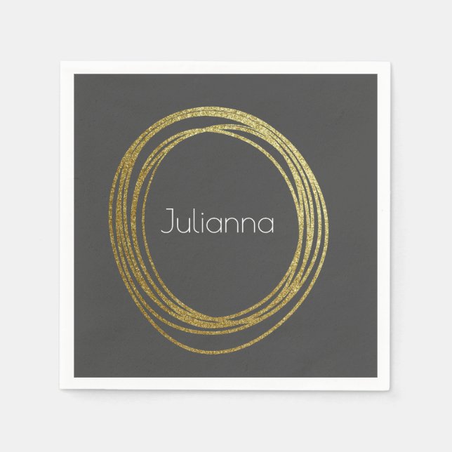 Cute Abstract Gold Glitter Personalized Black Napkins (Front)
