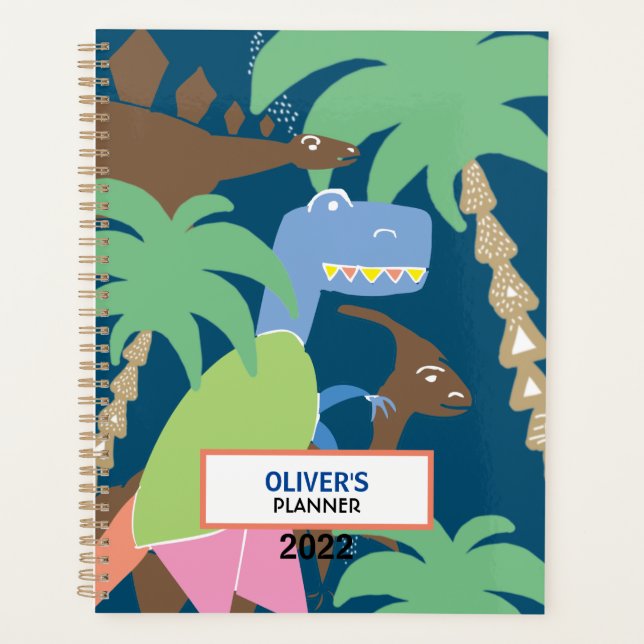 Cute Abstract Jurrasic Dino Dinosaur Kids Blue Planner (Front)