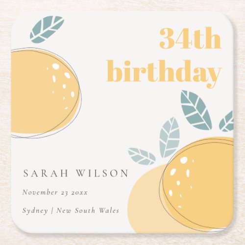 Cute Abstract Lemon Fruity Bold Any Age Birthday Square Paper Coaster