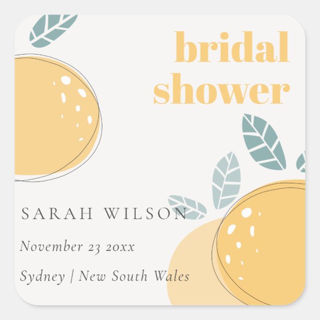 Cute Abstract Lemon Fruity Bold Bridal Shower  Square Sticker (Front)