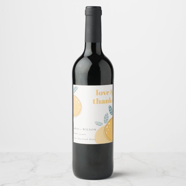 Cute Abstract Lemon Fruity Bold Wedding Thanks Wine Label (Front)