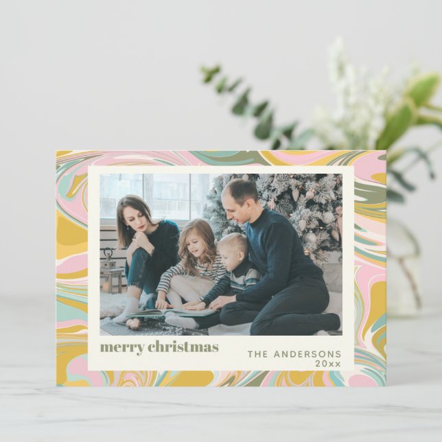 Cute Abstract Marble Swirl Pink Gold Photo Holiday Card (Standing Front)