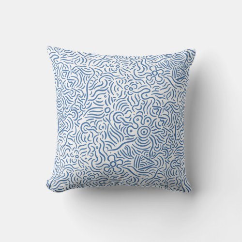 Cute Abstract Minimal Line Art Blue Throw Pillow