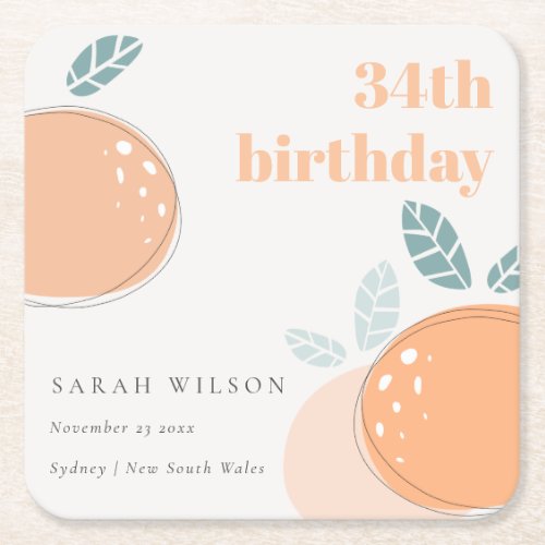 Cute Abstract Orange Fruity Bold Any Age Birthday Square Paper Coaster