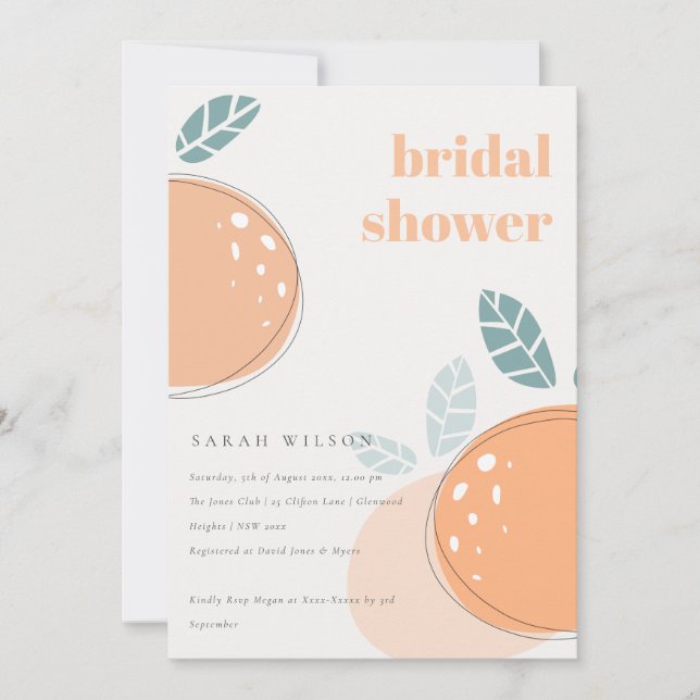 Cute Abstract Orange Fruity Bold Bridal Shower Invitation (Front)