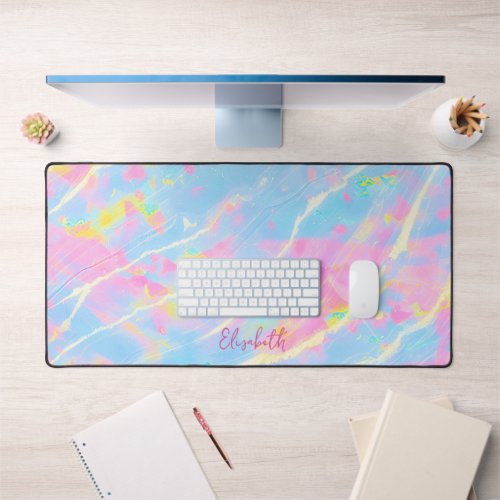 Cute Abstract Pastel Light Pink  Blue Marble Name Desk Mat
