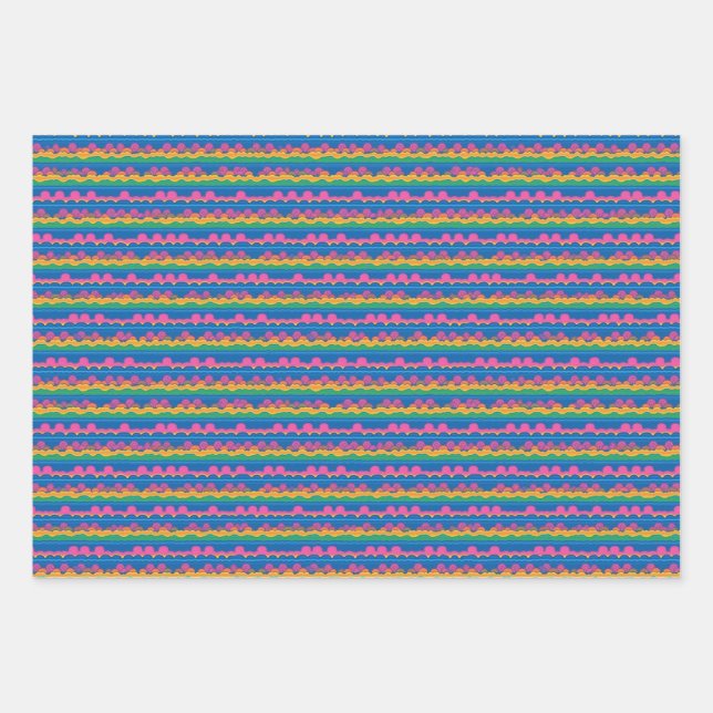 Cute Abstract Retro Neon Dots Stripes Pattern Wrapping Paper Sheets (Front)