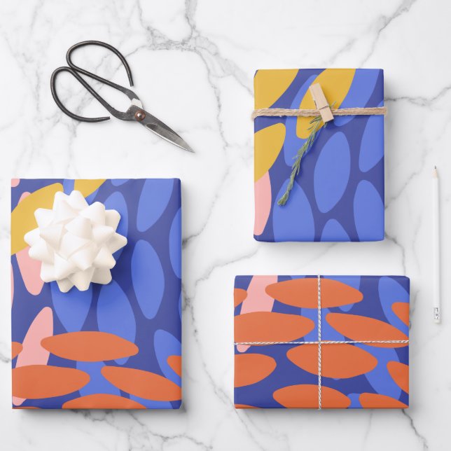 Cute Abstract Shapes Pattern Blue Red Pink Wrapping Paper Sheets (Front)