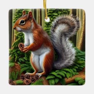 Cute Abstract Squirrel With Pinecones Ceramic Ornament