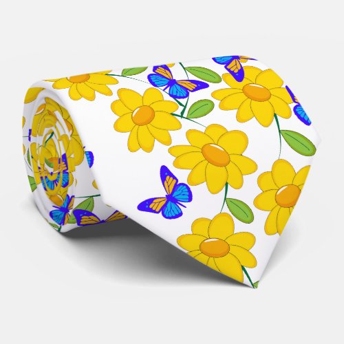 Cute abstract sunflower blue yellow butterfly tie
