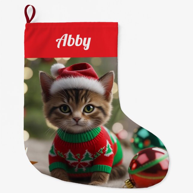 Cute Abyssinian Cat Christmas Personalized    Large Christmas Stocking (Front)