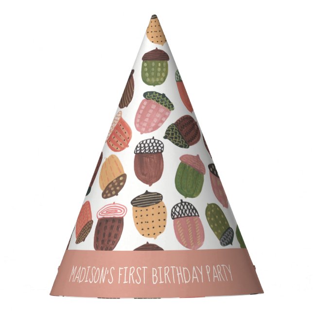 Cute Acorn First Birthday Woodland Party Hat (Front)