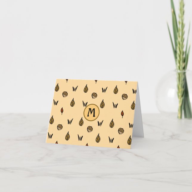 Cute Acorns and Fall Leaves Pattern with Monogram Note Card (Front)
