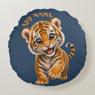 Cute Active Baby Animal Collection Tiger Blue Round Pillow