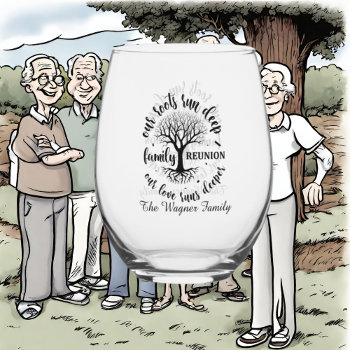 Cute Add Family Name Reunion Stemless Wine Glass by DoodlesGifts at Zazzle