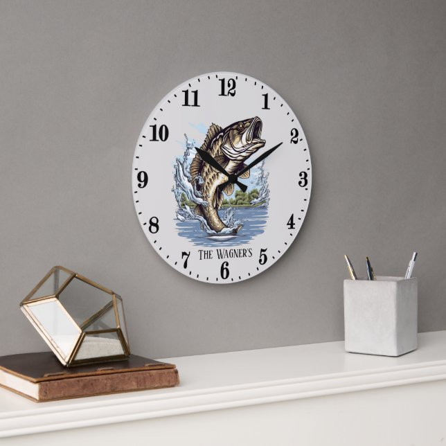 Cute add name fishing cabin fish large clock (Office)
