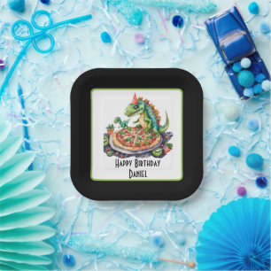Cute add name pizza dinosaur party  paper plates