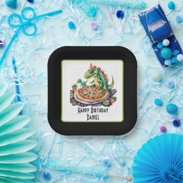Cute add name pizza dinosaur party  paper plates (Party)