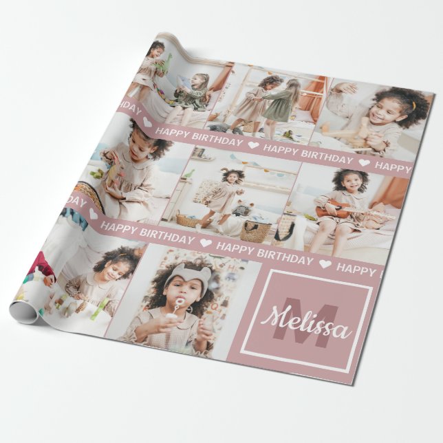 Cute Add Your Own Photo Monogram Happy Birthday Wrapping Paper (Unrolled)