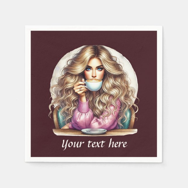 Cute add your text coffee lady napkins (Front)