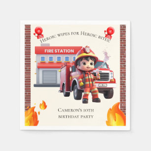 Cute Adorable 3D Firefighter Boy with Fire Truck Napkins