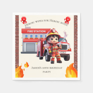 Cute Adorable 3D Firefighter Boy with Fire Truck Napkins