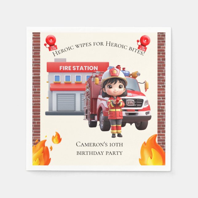 Cute Adorable 3D Firefighter Girl with Fire Truck Napkins (Front)