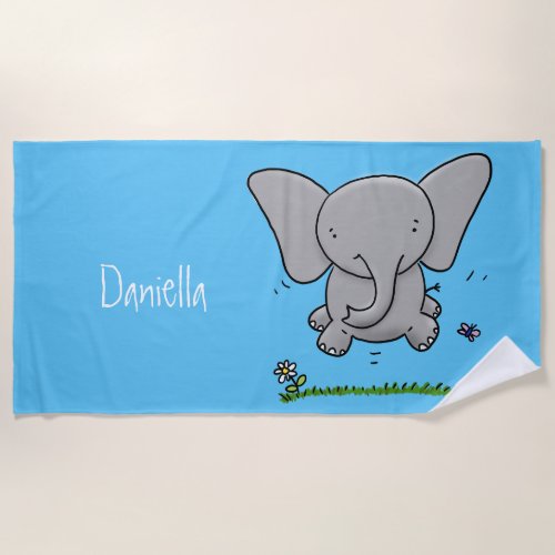 Cute adorable baby elephant cartoon illustration beach towel