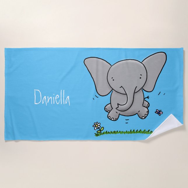 Cute adorable baby elephant cartoon illustration beach towel (Front)