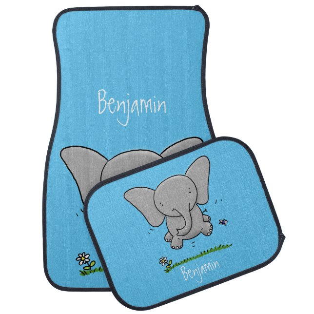 Cute adorable baby elephant cartoon illustration car floor mat (Set)