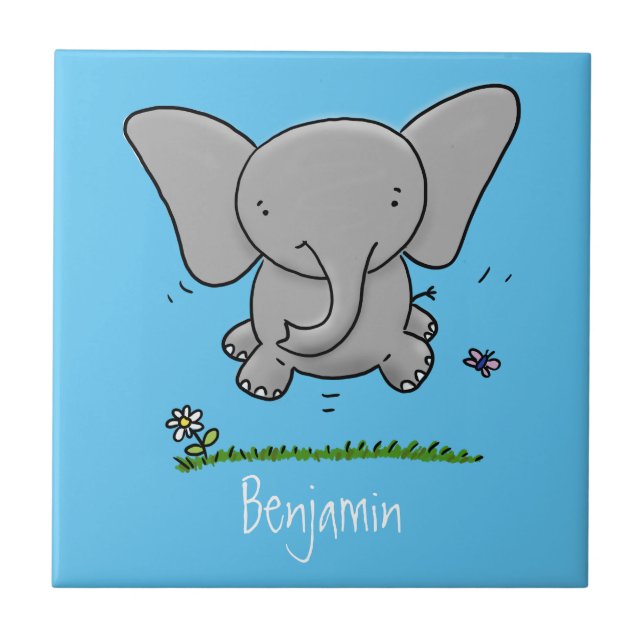 Cute adorable baby elephant cartoon illustration ceramic tile (Front)