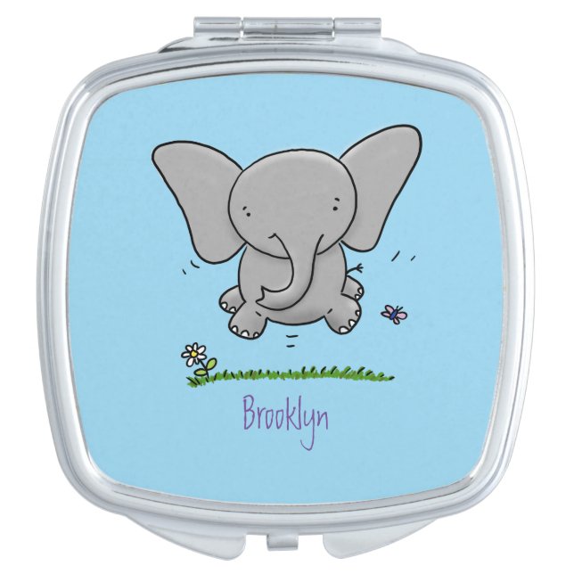 Cute adorable baby elephant cartoon illustration compact mirror (Front)