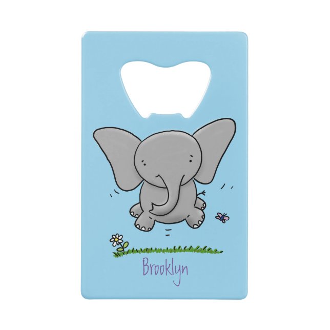 Cute adorable baby elephant cartoon illustration credit card bottle opener (Front)