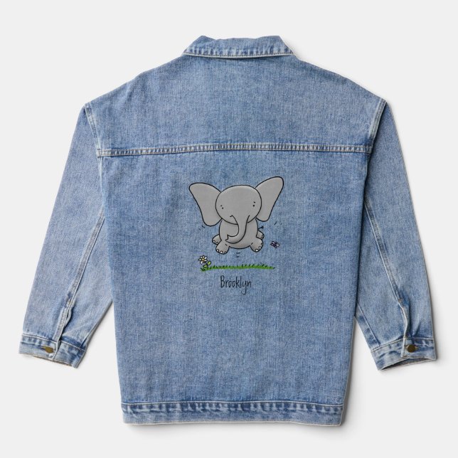 Cute adorable baby elephant cartoon illustration denim jacket (Back)