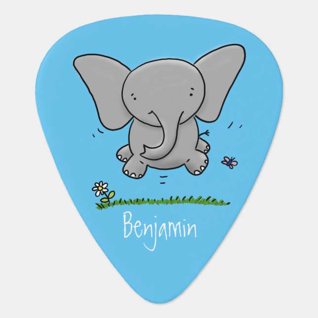 Cute adorable baby elephant cartoon illustration guitar pick (Front)