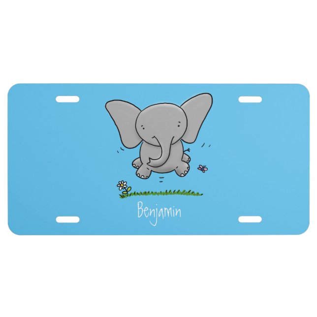 Cute adorable baby elephant cartoon illustration  license plate (Front)