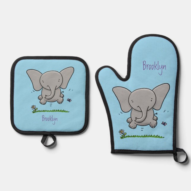 Cute adorable baby elephant cartoon illustration oven mitt & pot holder set (Front)