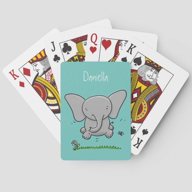 Cute adorable baby elephant cartoon illustration poker cards (Back)