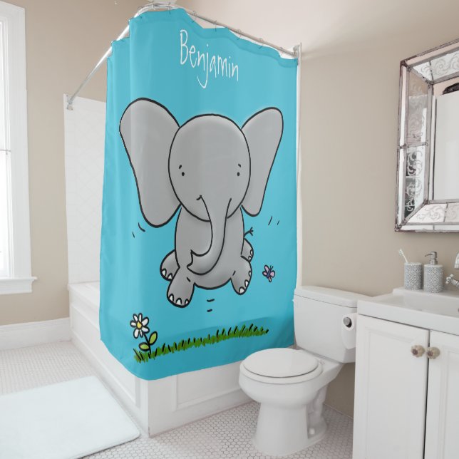 Cute adorable baby elephant cartoon illustration shower curtain (In Situ)