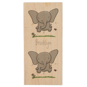 Cute adorable baby elephant cartoon illustration wood flash drive