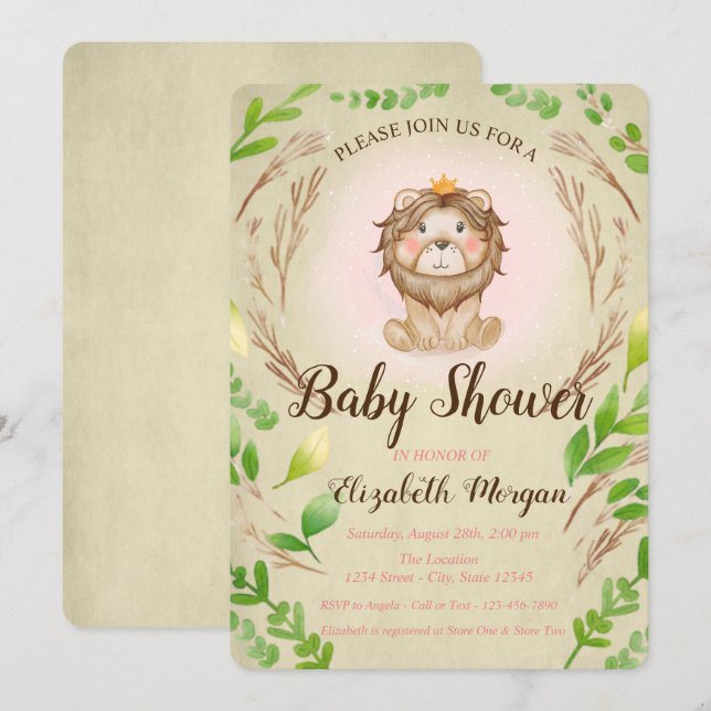 Cute Adorable Baby Lion Crown Leaves Invitation (Front/Back)
