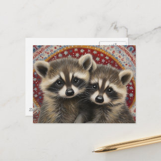 Cute Adorable Baby Raccoons Boho Postcard
