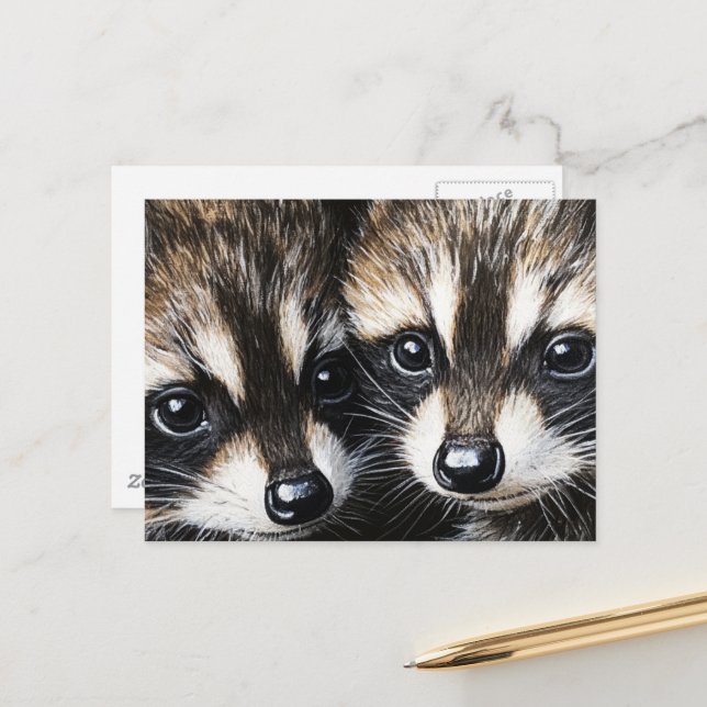 Cute Adorable Baby Raccoons Painting Postcard (Front/Back In Situ)
