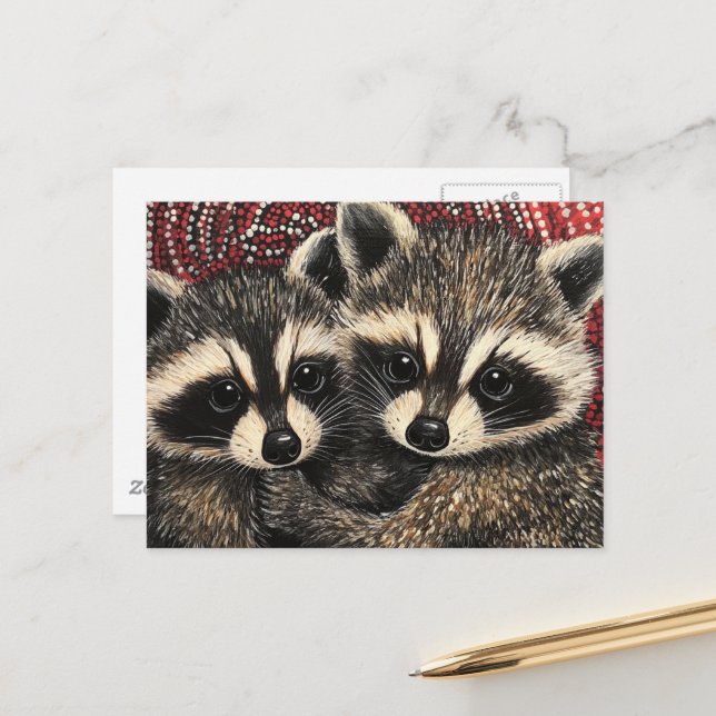 Cute Adorable Baby Raccoons Painting Red Polka Dot Postcard (Front/Back In Situ)