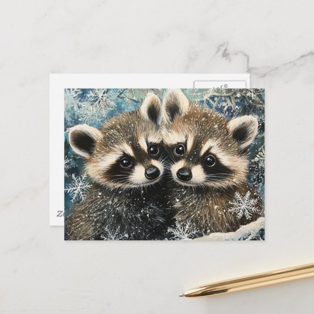 Cute Adorable Baby Raccoons Winter Snow Postcard (Front/Back In Situ)