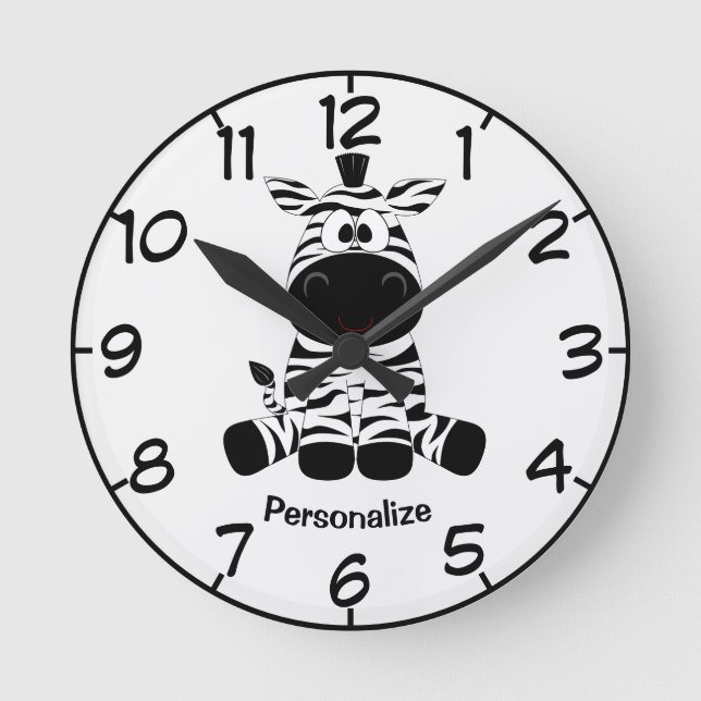 Cute & Adorable Baby Zebra Cartoon Black White Round Clock (Front)