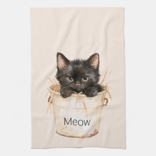Cute Adorable Black Cat in Bucket Kitchen Towel