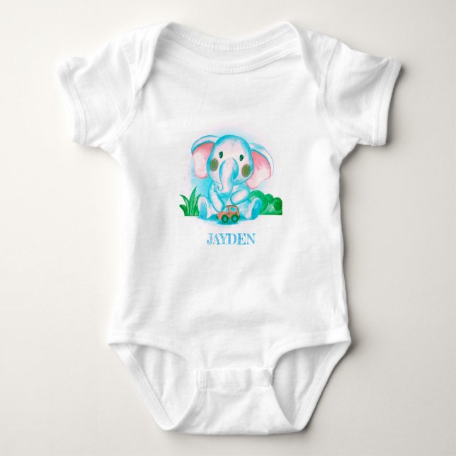  cute adorable blue  watercolor elephant baby bodysuit (Front)