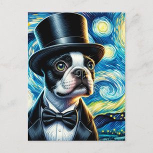 Cute Adorable Boston Terrier in a Tophat Van Gogh Postcard